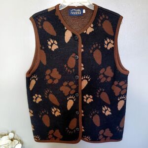Vintage Tundra Canada Wool Sweater Vest Size Large Animal Paw Prints Button Up